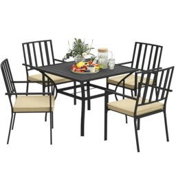 Rackhams Garden Dining Set w/ 4 Stackable Cushioned Chairs and Metal Top Table - Black - Galvanised Steel, Polyester - 94cmx94cmx71cm - thumbnail 2