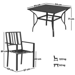 Rackhams Garden Dining Set w/ 4 Stackable Cushioned Chairs and Metal Top Table - Black - Galvanised Steel, Polyester - 94cmx94cmx71cm - thumbnail 5