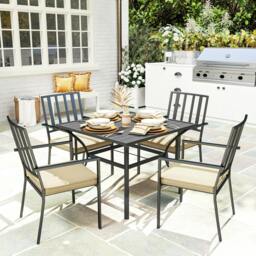 Rackhams Garden Dining Set w/ 4 Stackable Cushioned Chairs and Metal Top Table - thumbnail 1