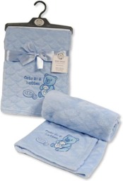 Rackhams Baby Cute As A Button Wrap Fleece Blanket for Girl/Boy Super Soft Teddy Bear Image Blankets for Newborn Babies, Toddlers, Infants - 75x100 CM - Sky