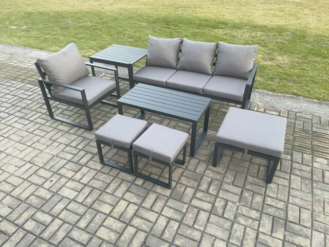 Rackhams Aluminium 7 Pieces Garden Furniture Sofa Set with Cushions 7 Seater Outdoor Patio Set with Armchair 3 Footstools Side Table Dark Grey - image 1