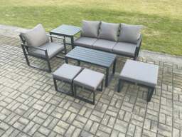 Rackhams Aluminium 7 Pieces Garden Furniture Sofa Set with Cushions 7 Seater Outdoor Patio Set with Armchair 3 Footstools Side Table Dark Grey - thumbnail 1
