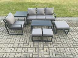 Rackhams Aluminium 7 Pieces Garden Furniture Sofa Set with Cushions 7 Seater Outdoor Patio Set with Armchair 3 Footstools Side Table Dark Grey - thumbnail 2