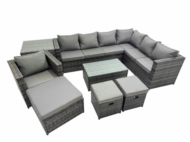 Rackhams Patio Sofa Oblong Coffee Table Set Rattan Garden Furniture Set with 3 Stools Chair Side Table Dark Grey Mixed - image 1
