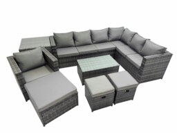 Rackhams Patio Sofa Oblong Coffee Table Set Rattan Garden Furniture Set with 3 Stools Chair Side Table Dark Grey Mixed - thumbnail 1