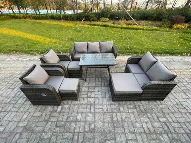 Rackhams Outdoor Rattan Garden Furniture Set 10 Seater Patio Lounge Sofa Set with Dining Table 3 Footstools Dark Grey Mixed - image 1