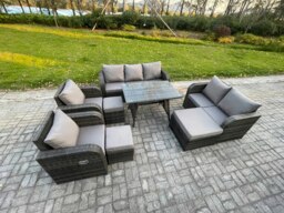 Rackhams Outdoor Rattan Garden Furniture Set 10 Seater Patio Lounge Sofa Set with Dining Table 3 Footstools Dark Grey Mixed - thumbnail 2