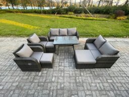 Rackhams Outdoor Rattan Garden Furniture Set 10 Seater Patio Lounge Sofa Set with Dining Table 3 Footstools Dark Grey Mixed - thumbnail 1
