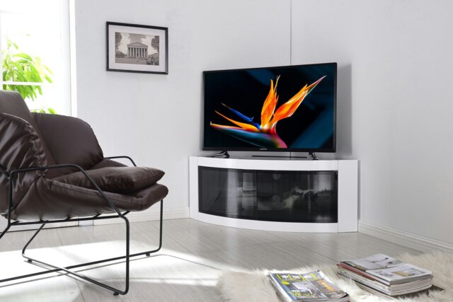 Rackhams PANGEA Gloss White Beam-Thru Curved Tru-Corner 32”-50” TV Cabinet - image 1