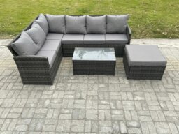 Rackhams 7 Seater Rattan Lounge Corner Sofa Set Wicker PE Outdoor Garden Furniture Set with Coffee Table Big Footstool Dark Grey Mixed - thumbnail 2