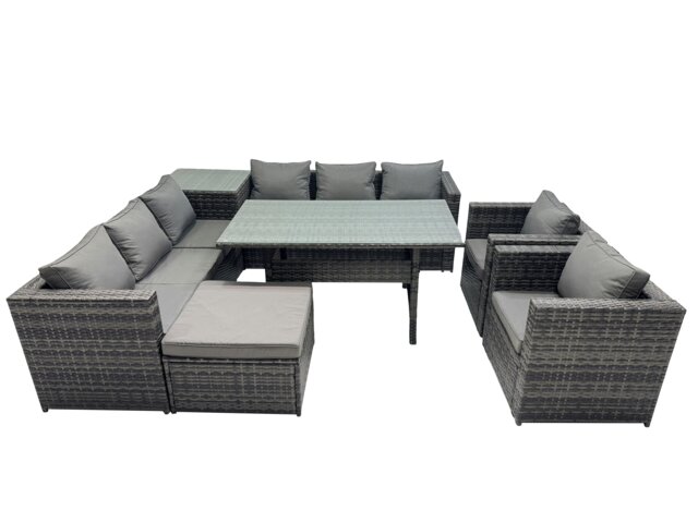 Rackhams Outdoor Corner Sofa Chair Dining Table Set Garden Rattan Furniture Set 9 Seater with Side Table Big Stool Dark Grey - image 1