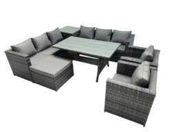 Rackhams Outdoor Corner Sofa Chair Dining Table Set Garden Rattan Furniture Set 9 Seater with Side Table Big Stool Dark Grey - thumbnail 2