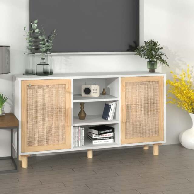 Rackhams Sideboard White 105x30x60 cm Solid Wood Pine and Natural Rattan - White - Engineered wood, solid pinewood, natural rattan