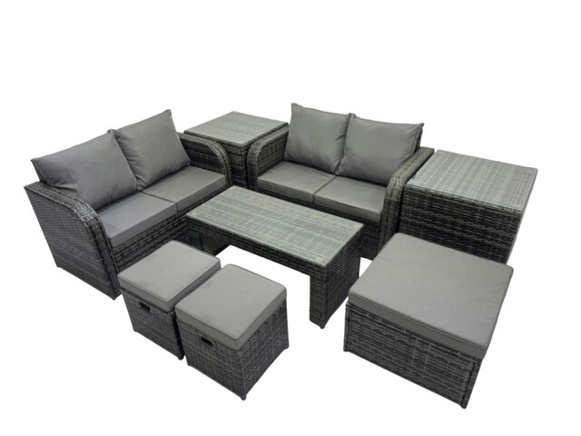 Rackhams 3 Seater Sofa Reclining Chair Coffee Table Set Rattan Garden Outdoor Furniture Set with 2 Side Tables 3 Stools Dark Grey Mixed - image 1