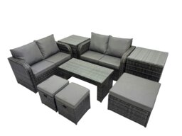 Rackhams 3 Seater Sofa Reclining Chair Coffee Table Set Rattan Garden Outdoor Furniture Set with 2 Side Tables 3 Stools Dark Grey Mixed - thumbnail 1