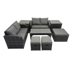 Rackhams 3 Seater Sofa Reclining Chair Coffee Table Set Rattan Garden Outdoor Furniture Set with 2 Side Tables 3 Stools Dark Grey Mixed - thumbnail 2