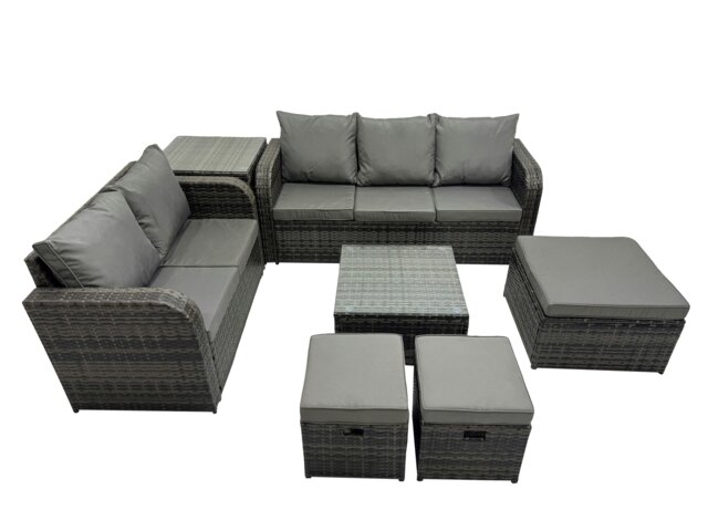 Rackhams Wicker PE Rattan Garden Outdoor Furniture Set Love Sofa Square Coffee Table Set with 3 Stools Side Table Dark Grey Mixed - image 1