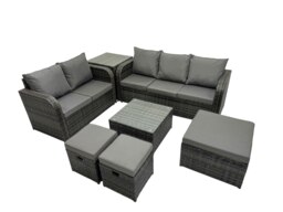 Rackhams Wicker PE Rattan Garden Outdoor Furniture Set Love Sofa Square Coffee Table Set with 3 Stools Side Table Dark Grey Mixed - thumbnail 2