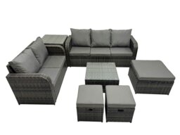 Rackhams Wicker PE Rattan Garden Outdoor Furniture Set Love Sofa Square Coffee Table Set with 3 Stools Side Table Dark Grey Mixed - thumbnail 1