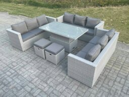 Rackhams Light Grey U Shape Lounge Rattan Garden Furniture Set Adjustable Rising Lifting Table Dining Set 2 Stools - thumbnail 1