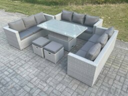 Rackhams Light Grey U Shape Lounge Rattan Garden Furniture Set Adjustable Rising Lifting Table Dining Set 2 Stools - thumbnail 2