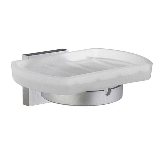 Rackhams Frosted Glass Soap Dish Tray and Brushed Chrome Wall Mounted Holder with Concealed Screws for Bath Shower Bathroom