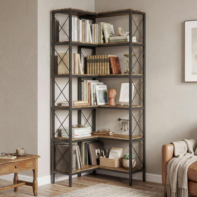 Rackhams L-Shaped Bookshelf, Bookcase with Metal Frame, Rustic Brown - 5-Tier - 60 x 60 x 167 cm - image 1
