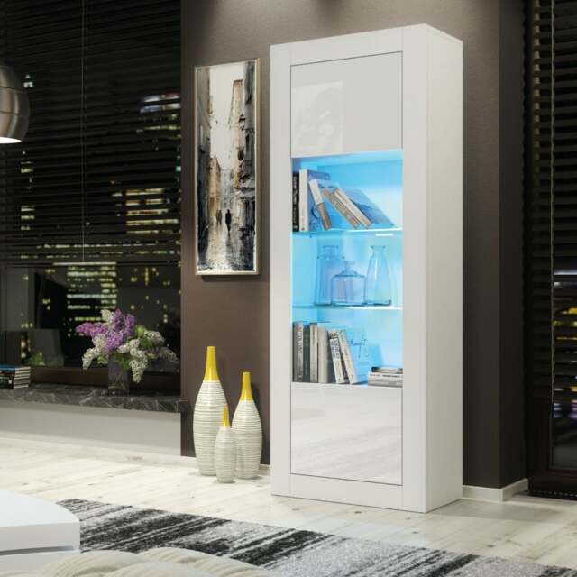 Rackhams 170cm Modern Display Cabinet – White Gloss Doors with LED - image 1