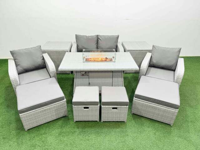 Rackhams PE Rattan Lounge Sofa Set 8 Seater Outdoor Garden Furniture Set with Gas Fire Pit Table Love Sofa 4 Footstools 2 Side Tables Light Grey - image 1