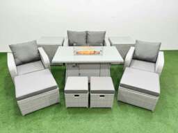 Rackhams PE Rattan Lounge Sofa Set 8 Seater Outdoor Garden Furniture Set with Gas Fire Pit Table Love Sofa 4 Footstools 2 Side Tables Light Grey - thumbnail 1