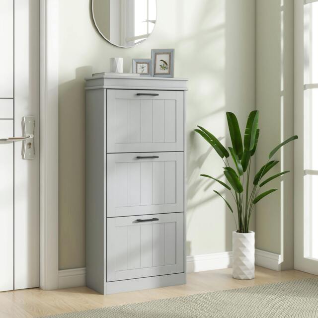 Rackhams Slim Shoe Storage Cabinet with 3 Flip Drawers for Entryway, Black - Grey - image 1