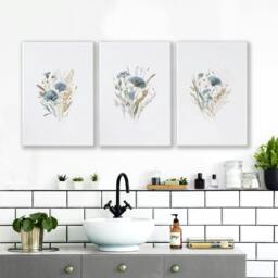 Rackhams Bathroom Wall Art Blue - Set of 3 Botanical Wall art Prints - 16 x 22 inches / 40.65 cm x 56 cm - Polyester Canvas 260 gsm - Canvas wrapped - thumbnail 4