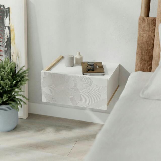 Rackhams Floating Bedside Table w/ Drawer Handleless Modern Nightstand Wall-Mounted Storage Cabinet Space-Saver Bedroom - White-Oak - image 1