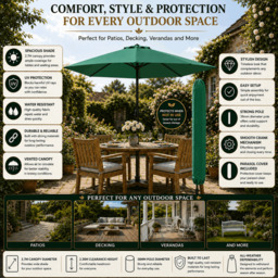 Rackhams Garden Parasol Table Umbrella 2.7M with Crank Handle, UV40 Protection, Includes Protection Cover, Robust Steel - Green - thumbnail 3
