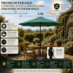 Rackhams Garden Parasol Table Umbrella 2.7M with Crank Handle, UV40 Protection, Includes Protection Cover, Robust Steel - Green - thumbnail 2
