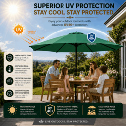 Rackhams Garden Parasol Table Umbrella 2.7M with Crank Handle, UV40 Protection, Includes Protection Cover, Robust Steel - Green - thumbnail 4