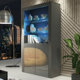 Rackhams Tall Display Cabinet 170cm Grey Gloss Doors – Free LED Lights - Matt Body & Gloss Doors - 170 - Full assembly required. - thumbnail 1