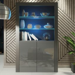 Rackhams Tall Display Cabinet 170cm Grey Gloss Doors – Free LED Lights - Matt Body & Gloss Doors - 170 - Full assembly required. - thumbnail 2