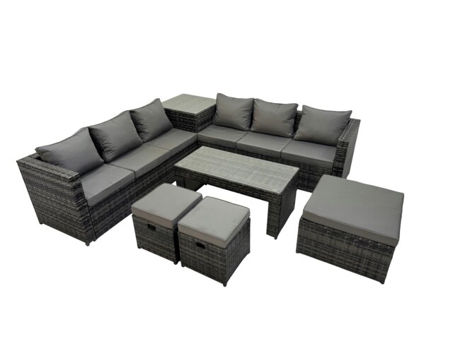 Rackhams Garden Rattan Outdoor Furniture Set 9 Seater Patio Corner Sofa Oblong Coffee Table with 3 Stool Side Table Dark Grey - image 1