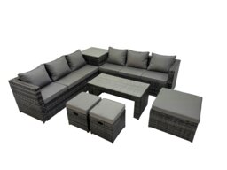 Rackhams Garden Rattan Outdoor Furniture Set 9 Seater Patio Corner Sofa Oblong Coffee Table with 3 Stool Side Table Dark Grey - thumbnail 1