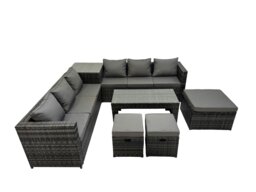 Rackhams Garden Rattan Outdoor Furniture Set 9 Seater Patio Corner Sofa Oblong Coffee Table with 3 Stool Side Table Dark Grey - thumbnail 2
