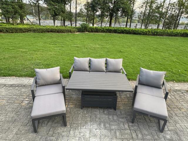 Rackhams 7 Seater Aluminium Garden Furniture Set with Adjustable Rising Dining Table, Sofa, 2 Chairs, 2 Footstools - Dark Grey - image 1
