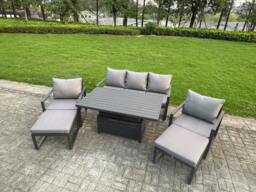 Rackhams 7 Seater Aluminium Garden Furniture Set with Adjustable Rising Dining Table, Sofa, 2 Chairs, 2 Footstools - Dark Grey - thumbnail 2