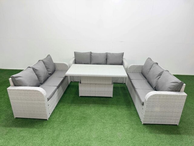Rackhams PE Rattan Lounge Sofa Set 9 Seater Outdoor Garden Furniture Set with Adjustable Lifting Dining or Coffee Table 3 Seater Sofa Light Grey - image 1