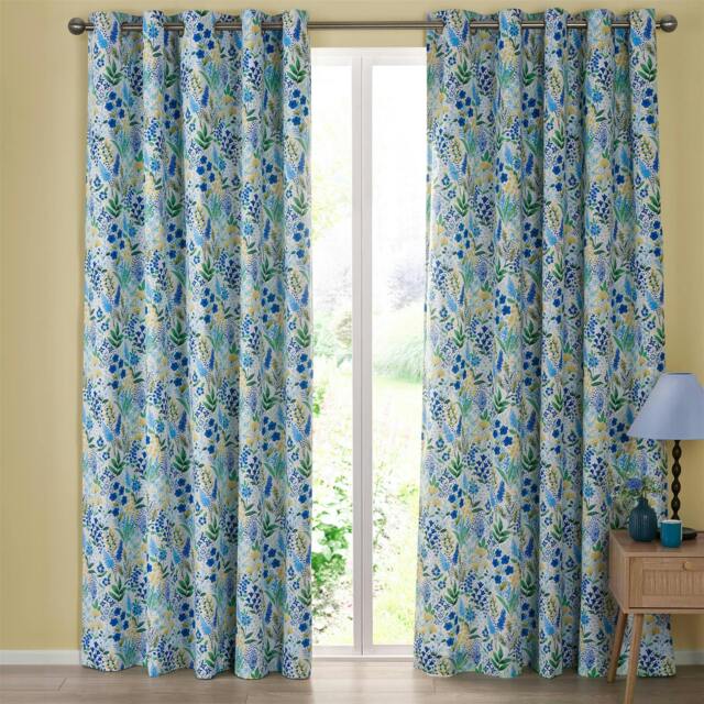 "Rackhams Catherine Lansfield Tilly Floral Fully Lined Eyelet Curtains - Blue - 66"" x 90"""