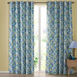 "Rackhams Catherine Lansfield Tilly Floral Fully Lined Eyelet Curtains - Blue - 66"" x 90"""