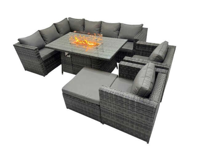 Rackhams Rattan Garden Furniture Dining Set 9 seater Gas Fire Pit Dining Table Corner Sofa Set with Big Stool Dark Grey Mixed - image 1