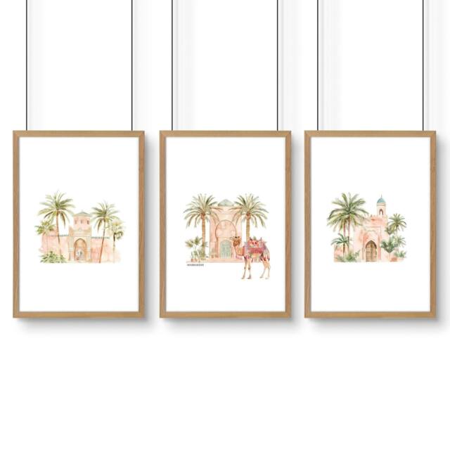 Rackhams Wall Canvas Living Room - Set of 3 Moroccan Inspired Wall art Prints - A2 16.54 x 23.39 in / 42 x 59.4 cm - Matte Museum Quality Art Paper 290 gsm - Oak Frame - image 1