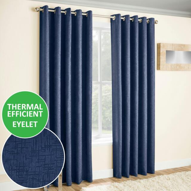 "Rackhams Navy Plain Textured Thermal Room Darkening Energy Saving Pair of Curtains For Bedroom & Living Room - 46"" (117cm) Width x 72"" (183cm) Drop" - image 1