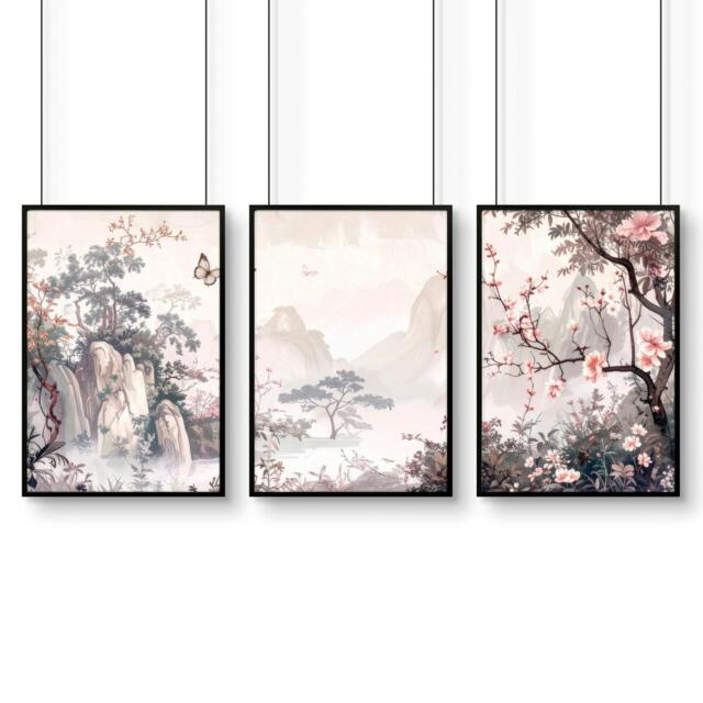 Rackhams Living Room Picture Wall - Set of 3 Chinoiserie Wall art Prints - 20 x 30 in / 50 x 76 cm - Matte Museum Quality Art Paper 290 gsm - Black Frame - image 1